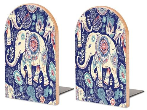 Robuste Buchstützen, Boho-Elefanten-Druck, Holz-Buchstütze, dekorative Buchstützen, rutschfeste Buchstütze für Regale (1 Paar, groß)