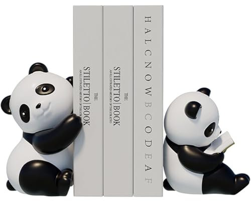 KIUGOP 2 Stück Panda-Ornament-Buchstützen, Niedliche Katzen Dekorative Buchstützen, Niedliche Panda Buchstützen für Regale, Niedliche Buchstützen Aus schwarz Weißem Harz,Schwarz