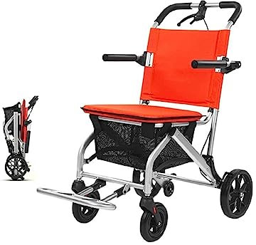 QXIWAOE Ultraleichter tragbarer Reiserollstuhl, zusammenklappbarer Transportrollstuhl mit Einkaufskorb und Handbremse, Rollstuhlwagen aus Aluminiumlegierung für ältere Menschen und Kinder