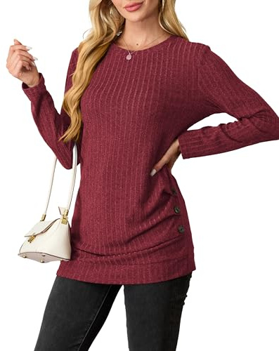 GRECERELLE Långärmade toppar kvinnor lätt lång rund hals sidoknappar sweatshirts tunika toppar för kvinnor UK, Röd, M