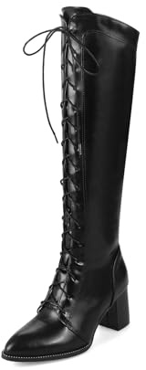 smlekwc Mujer Cordones Botas Largas con Cremallera Lateral Punta Puntiaguda Botas De Caballero De Cuero Tacón De Bloque Botas Altas hasta La Rodilla,Negro,37 EU