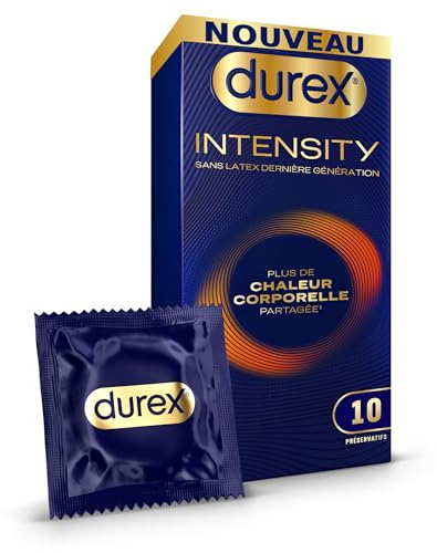 Durex Intensity – 10 Préservatifs Homme Sans Latex Dernière Génération Ultra Fins Ultra Lubrifiés – Plus de Chaleur Corporelle Partagée – Taille Standard