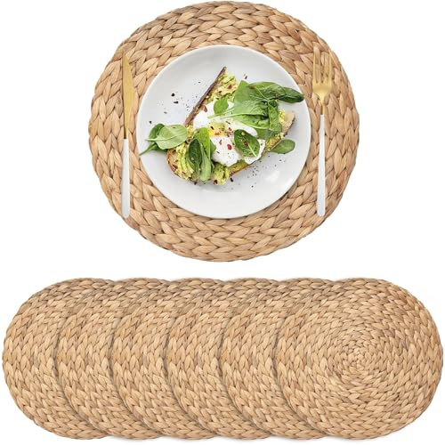 6 Pack Round Woven Placemats, Water Hyacinth Placemats, Natural Table Mats for Dining Table (38 cm)