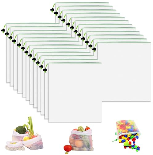 LOPYXBR 24 PCS Vegetable Bags Mesh Drawstring, 30x35CM Toy Storage & Organization Mesh Bags, Reusable Meshs Produce Bag with GREEN DRAWSTRING for Fruit, Vegetables, Shopping, Storage and Toys