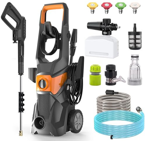 Profi Hochdruckreiniger, 200 Bar 3000 W Fassadenreiniger mit 10m Schlauch, Fugenreinige, 1.8m Wasserzulaufrohr, 540 l/h Fördermenge, Reinigungslanze, Düsenaufsatz, Quick Connect, Orange