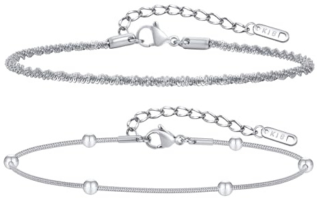 VNOX Fotkedja för kvinnor – dam fotkedja rostfritt stål, dubbla lager med hjärthänge, justerbar 21 + 5 cm, med starkt karbinhake – present till kvinnor/mamma/mor, Sterlingsilver