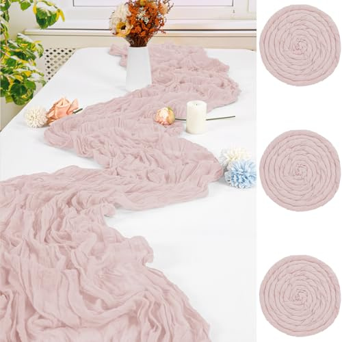 3 Stück Staubiges Rosa Seihtuch Tischläufer,90 x 300 cm Rustikaler Gaze Stoff Boho Tischläufer Käsetuch Cheesecloth Tischläufer Hochzeit Tischdecke für Hochzeit Brautparty Bankett