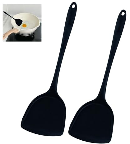 BMZXCH 2 Pezzi 32 cm Set di Spatole in Siliconeper silicone Wok per Pentole Antiaderenti resistente al calore, paletta cucina silicone, Senza BPA Spatola per Cucinare, Cuocere, Girare, Friggere (Nero)