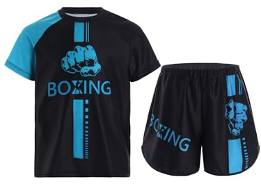 Jugaoge Enfant Garçon Ensemble de Boxe Shirt et Short Muay Thai MMA Kickboxing Uniforme det Survêtements A Bleu clair 11-12 ans