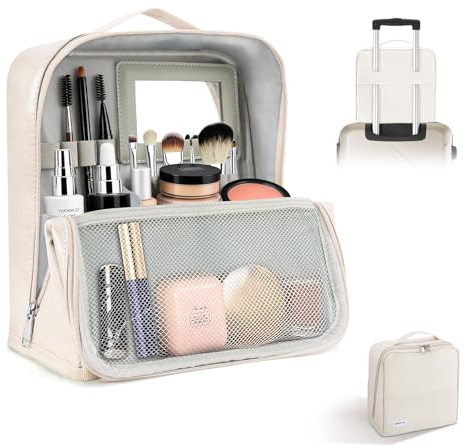 Travel Makeup Bag, CS COSDDI Make Up Bags for Women Large Capacity Cosmetic Bags Waterproof Toiletry Bag with Luggage Compartment Tie and Detachable Mirror, Leather Portable Standing Makeup Bag
