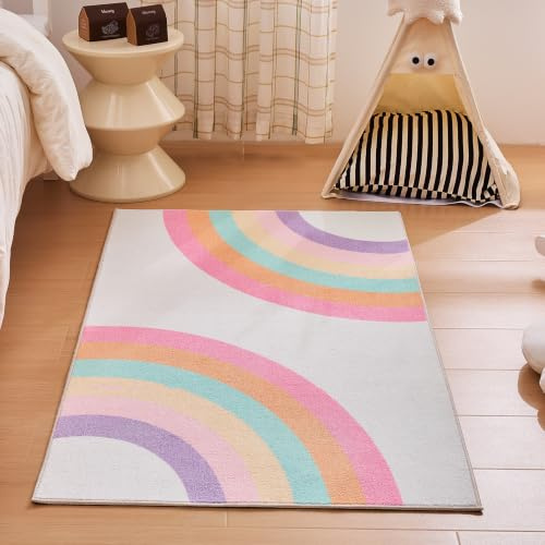 Sonive Rosa Regenbogen Teppich Kinderteppich für Junge Mädchen 80x150cm | Rutschfeste Krabbelmatte für Wohnzimmer, Schlafzimmer, Kinderzimmer