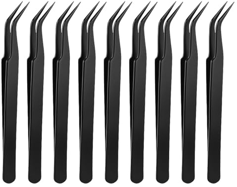 Lot de 9 pinces à épiler noires - Pointe incurvée - En acier inoxydable - Pour extensions de cils