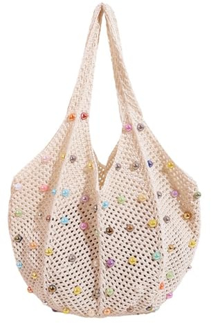 MLPKOI Crochet Beach Bag for Women, Woven Bags Handbag, Boho Shoulder Bag with Colourful Beads, Crochet Mesh Beach Tote Bags, Shopping Handbag for Holiday, Daily Work, Shopping, Travel