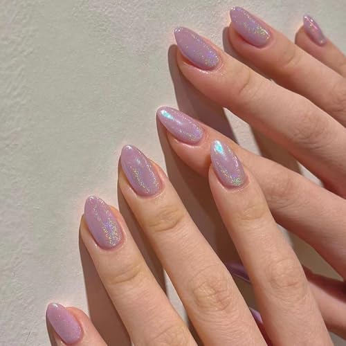 Viugex 24 stycken självhäftande naglar, korta mandlar, glänsande franska falska naglar, lila glitter, press on-naglar, akrylnaglar att klistra på för kvinnor och flickor, nagelkonst gör-det-själv