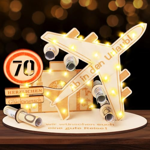 Geldgeschenke Geburtstag Holz, 70 Geburtstag für Frauen und Männer, Flugzeug Geschenk, Geldgeschenke Verpackung, Geldgeschenk Reise, Reisekasse Geschenk für Damen Herren (Beige-70)