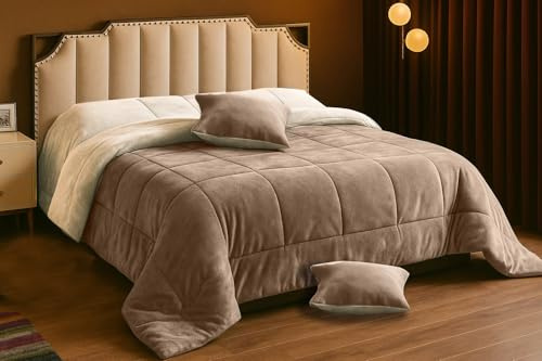 Viterbo Biancheria Piumone Trapunta In Morbido E Soffice Coral Cinigliata Double Face Con 2 Cuscini Made In Italy (Tortora/Panna, Matrimoniale, (260x260CM))