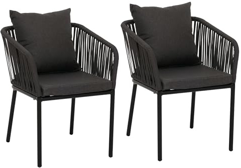 PROREGAL 2er-Set Gartenstuhl HxBxT 75x55x55cm Sitzhöhe 48cm wetterfest Aluminium Seilgeflecht Rope Anthrazit Outdoor Armlehne