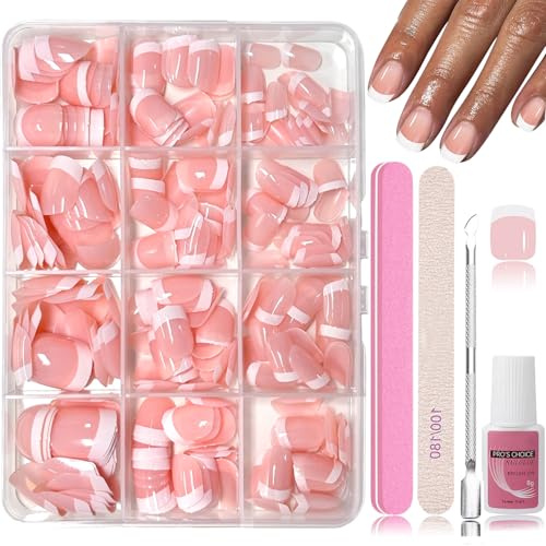 288 Stück Französisch Short Quadrat Künstliche Nägel Tips Set, Full Cover Press on Nägel, French Rosa Weiß Falsche Nägel Zum Aufkleben für Frauen, French Fake Nails für Maniküre DIY(Short Square)