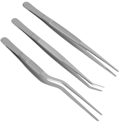 3PCS Cooking Tweezers Set, Stainless Steel Kitchen Tweezers for Cooking, Precision Craft, Food Presentation, Plating, Baking Decoration and Design Styling, Straight, Elbow, Gun Head (16 cm/6.3 inches)