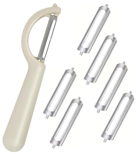 LEOUEANR 1 pelapatate P-Peeler, con 6 lame di ricambio in acciaio inox, per patate, verdure e frutta, per uso multiuso in cucina (bianco sporco)