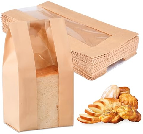 50 stycken kraftpapperspåsar med fönster, bruna brödpåsar, små kakpåsar, små papperspåsar, små förpackningspåsar med visningsfönster, brödpåsar för surdeg, bröd, kakor, presenter