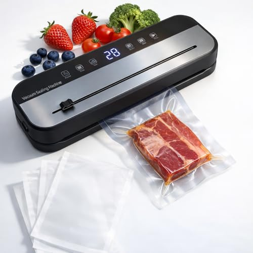 5-in-1 Vacuum Sealer Machine, 125W Food Vacuum Sealer with Continuous High-Speed Sealing, Dry & Wet Modes, Automatic Vacuum Sealer for Food Storage & Sous Vide, Includes 10 Vacuum Bags and Hose