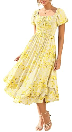 Women Summer Dress Square Neck Smocked A-line Floral Dresses Yellow