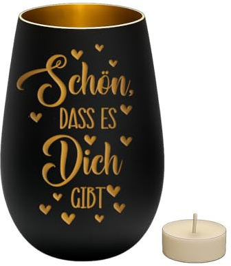 Liebtastisch - Windglas mit Gravur - Schön, DASS es Dich gibt - Geschenk für Frauen, Familie, Freunde - Teelichtglas - Perfekt zum Geburtstag - Geschenkidee - Schwarz