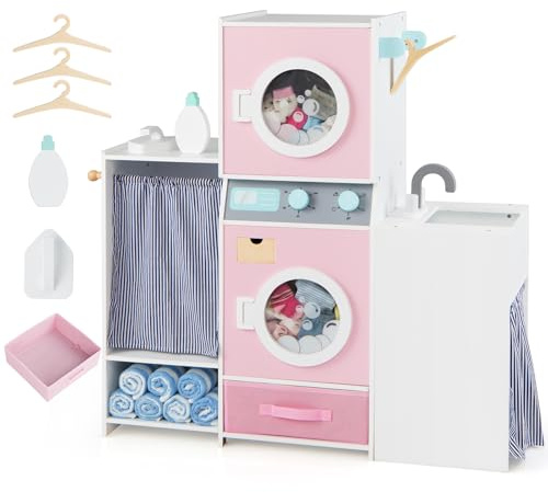 COSTWAY Kinder Waschmaschine Holz, Spielzeug Waschmaschine-Set mit Waschmittel, Bügeleisen, Kleiderbügeln & Stoffschublade, Wäsche-Set für Kinder ab 3 Jahren