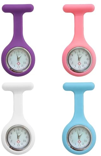 Fob Watch, 4Pcs Silicone Nurse Watch Brooch with Pin, Fob Watches for Nurses, Infection Control Design Pocket Clock in White Pink Purple Light Blue for Doctor Paramedic Health Care Medical Workers