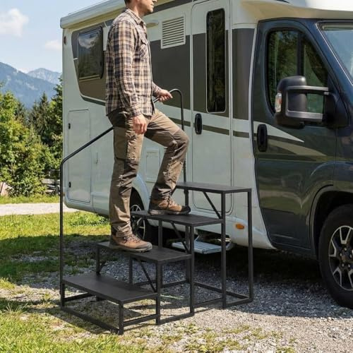 Caravan Steps with Handrail, 4 Step Motorhome Stairs with Anti-Slip Wide Pedals, 300kg Heavy Duty Steel Steps for Static Caravan, Hot Tub, RV, Mobile Home & Garden, 66 x 108 x 147.3 cm