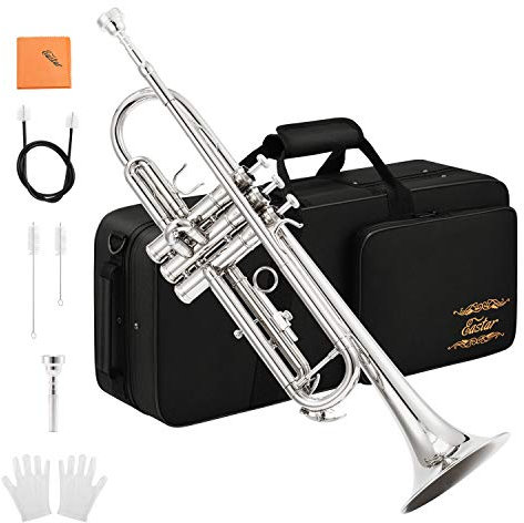 Eastar Bb Standard-Trompeten-Set für Anfänger Messing-Trompeteninstrument für Studenten und Hartschalenkoffer, Reinigungsset, 7C-Mundstück und Handschuhen, ETR-380N, Silber