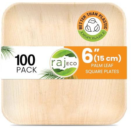 Raj Palm Leaf Plates [100-Pack] 6 Square Plates like Bamboo plates Disposable, Strong, Decorative Compostable Tableware for wedding, Lunch, Dinner, Birthday, Camping, Outdoor BBQ, Picnic