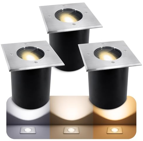 SSC-LUXon 3 Stück JUAVI Bodeneinbaustrahler schwenkbar IP67 - LED GU10 3W drei einstellbaren Lichtfarben 3CCT Bodenspot quadratisch befahrbar 230V