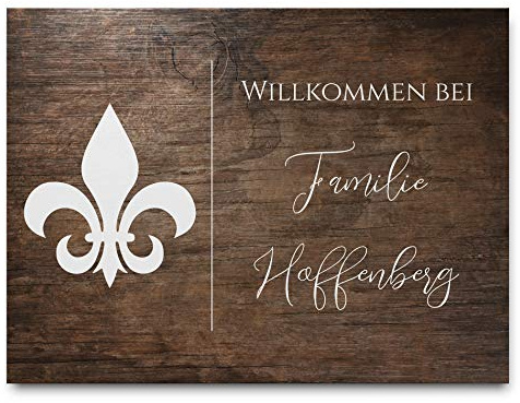 Aufwendig bedrucktes Holz-Schild mit Lilie und Namen | Ideales Türschild für die Familie/als Briefkastenschild o. Namensschild zum Aufhängen | selbstklebend – mit Bohrlöchern o. Kordel