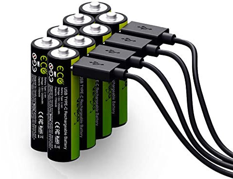 VERICO LoopEnergy AA 2550 Wiederaufladbare USB-C Batterie AA 1,5V 2550mWh (1700mAh) Li-Ion Akku, Schnellladung via USB-C Anschluss in ca. 2 Stunden, 8er Pack AA, 1 Kabel USB - A auf 4 x USB-C