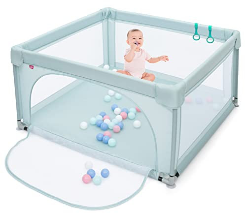 COSTWAY 120 x 120cm Baby Laufstall mit 50 Spielbällen, Laufgitter mit atmungsaktivem Netz und Reißverschluss, Krabbelgitter mit Tür, Laufgitterzelt für Säuglinge und Kleinkinder (Blau)