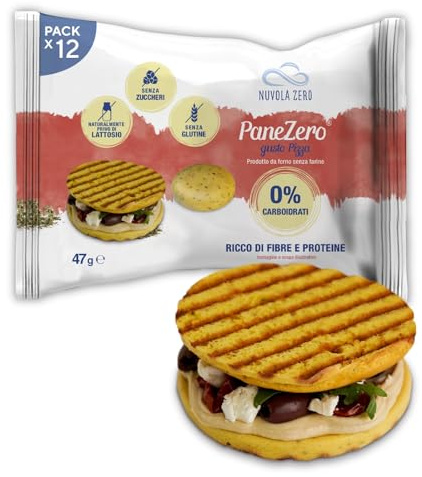 Nuvola Zero - Pane Zero Pizza, Pan Sin Carbohidratos, Sin Azúcar, Sin Lactosa, Alto en Fibra y Proteínas, Sin Gluten, Paquete de 12 uds, Fabricado en Italia