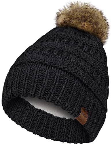 HAMUNI Mütze Damen,Winter Strickmütze Bommelmütze mit abnehmbarem Kunstpelzknäuel, Fleecegefütterte Modische Warm Verdickte Winter Mütze, Ideale Beanie Mütze für kälteren Monate