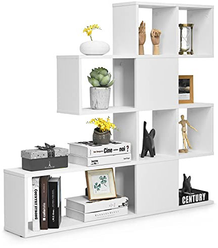 COSTWAY 4-stöckiges Bücherregal, Raumteiler Regal aus Holz, freistehendes Treppenregal, Standregal Stufenregal für Wohnzimmer, Schlafzimmer, Büro (Weiß)
