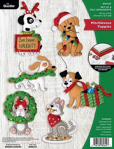 Bucilla Felt Applique 6 Piece Ornament Making Kit, Mischievous Puppies, Perfect for Holiday DIY Arts and Crafts, 89642E