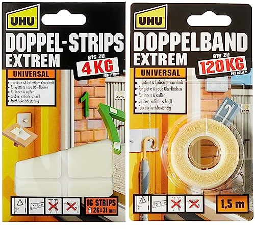 UHU Doppelstrips Extrem, Hochbelastbare doppelseitige Klebestrips, weiß, 26 mm x 31 mm, 16 Stück. & Doppelband Extrem, Extrem hohe Klebekraft von 120 kg/Rolle, 1,5 m x 19 mm