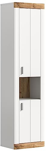 xonox.home - Hängeschrank Laredo 45x172x30 cm in Front weiß matt Korpus weiß Melamin Absetzung Nox Oak Nb - Hochschrank hängend Badezimmerschrank Wandschrank - modern, platzsparend und funktional
