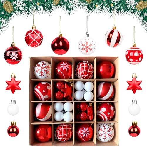 Weihnachtskugeln Kunststoff Set Rot Weiß 42 Stücke Christbaumkugeln Deko Weihnachten Weihnachtsbaumschmuck mit Aufhänger Bruchsicher Weihnachtsdeko Aussen Innen