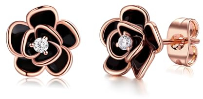 MYBELLNA 14K Gold zierliche Blume Ohrringe | Schwarze Rose Gold Blume Perle Ohrstecker für Frauen Sterling Silber Post Hypoallergene Ohrringe für Frauen Mama Sie