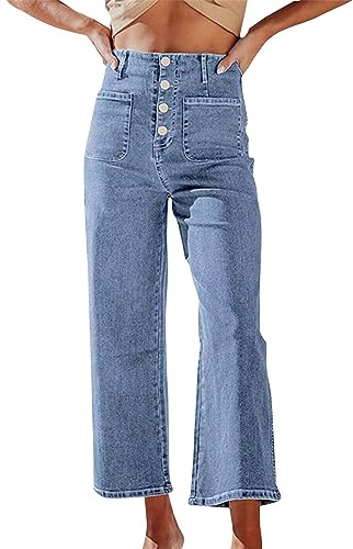 Pantalones cortos de mezclilla para mujer, corte mamá, cómodo, algodón orgánico elástico, cintura alta, botones de control del vientre, corte holgado, recto, pierna ancha, pantalones vaqueros