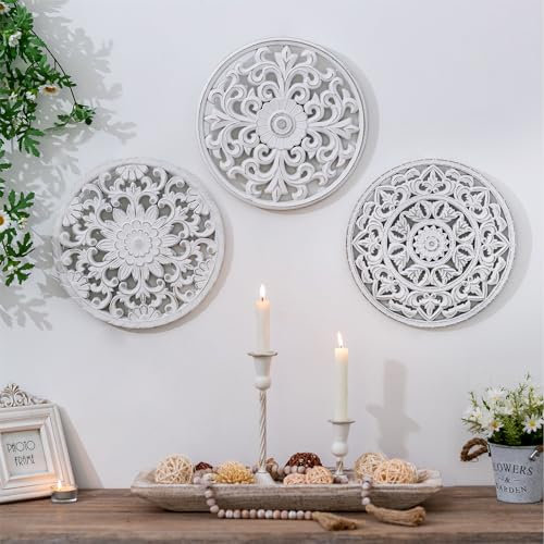 Walasis Wood Wall Decor Carved Panel Distressed White Set of 3 Wooden Wall Art Hanging Decoration Rustic Sculpture Ornament for Home Hallway Bedroom Living Room Office