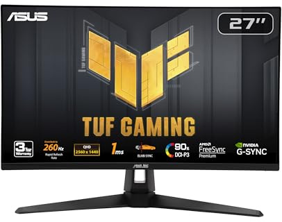 ASUS TUF Gaming Monitor 27 Inch 1440P (VG27AQM1A) - QHD (2560 x 1440), 260Hz, 1ms, Fast IPS, Extreme Low Motion Blur Sync, Freesync Premium, G-SYNC, DisplayHDR400, 3 Year Warranty