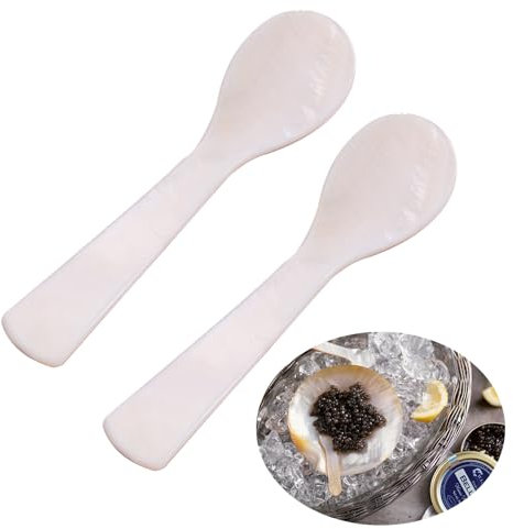 2pcs Caviar Spoons Shell Spoon Mother of Pearl, Caviar Spoons with Round Handle, Handmade Pearl Spoon for Caviar, Egg, Ice Cream, Coffee, Restaurant Serving. (3.54 Inches)