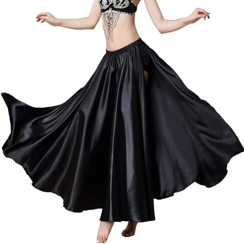 MUNAFIE Langer Rock mit Schlitz Bauchtanz Rock Satin Röcke für Damen Bauchtanz Kostüm Schwarz